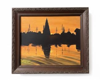 Vintage Silhouette Harbor Sunset Oil Painting