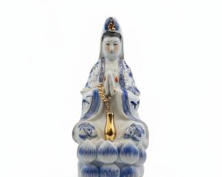 Porcelain Guanyin Figurine with Blue and Gold Accents