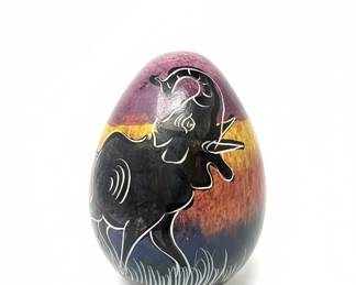 HandCarved Soapstone Egg with African Wildlife Scene Buffalo or Bull