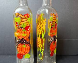 HandPainted Glass Bottles with Fall Harvest Gnome Theme Set of 