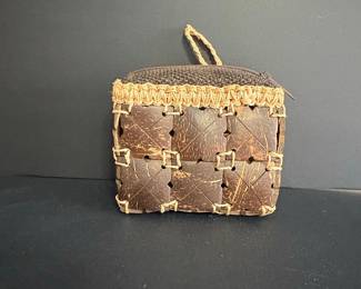 Woven Coconut Shell Coin Purse with Crocheted Band