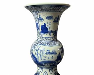 Antique Chinese Blue and White Porcelain Gu Vase with Landscape Scene
