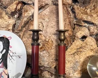 Pair of Vintage Brass Candlesticks with Red Inlay