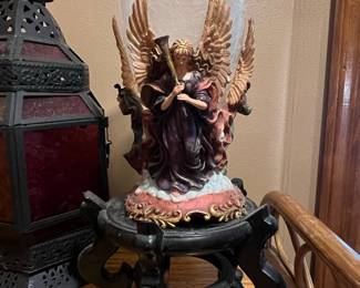 Angel with Trumpet and Frosted Glass Hurricane Lamp