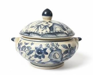 Blue and White Porcelain Tureen with Cherub and Floral Motif