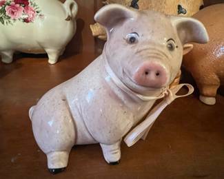 Vintage Ceramic Piggy Bank with Pink Ribbon and C.C. Mark