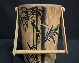 Vintage Bamboo Ice Bucket with HandPainted Bamboo Leaf Design