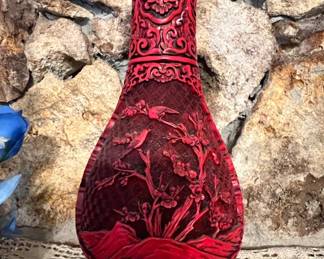 Red Carved Cinnabar Vase with Birds and Blossoms