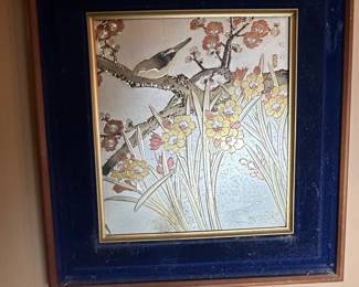 Japanese Chokin Art Panel with Bird and Blossoms