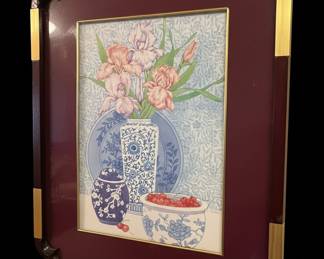 Framed Watercolor Still Life of Irises and Cherries by O. Toole