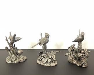 Set of Three Pewter Bird Figurines (Cardinal, Wren, and Bird on Berries)