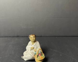 Vintage Ceramic Figurine of a Seated Person with Basket