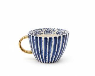 Hand-Painted Ceramic Mug with Blue Stripes and Gold Handle