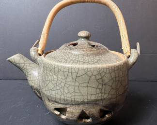 Vintage Japanese Somayaki Crackle Glaze Teapot with Rattan Handle