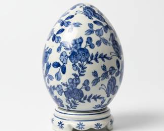 Blue and White Floral Porcelain Egg with Stand