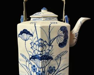 Vintage Chinese Export Hexagonal Blue and White Teapot with Lotus Motif and Brass Handle