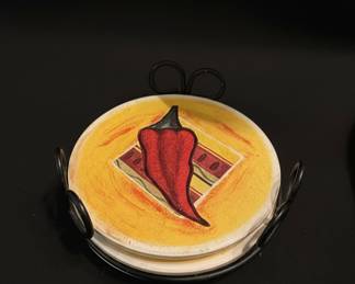 Ceramic Chili Pepper Coasters Set with Holder