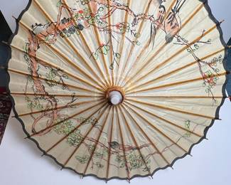Vintage Japanese Paper Parasol with Bird and Floral Motif
