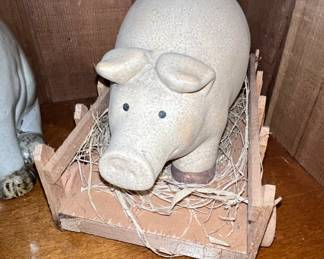 Vintage Ceramic Pig Figurine in Wooden Cart with Straw