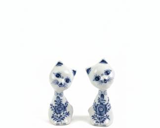 Pair of Vintage Blue and White Porcelain Cat Figurines