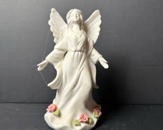 White Porcelain Angel Figurine with Pink Roses
