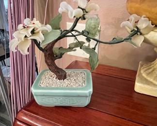 Glass and Jadeite Bonsai Tree Figurine in Celadon Pot