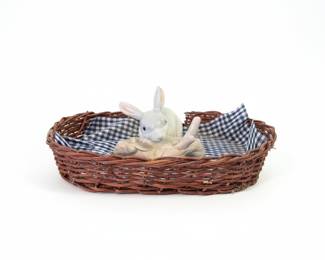 Ceramic Bunny Figurine in Wicker Basket
