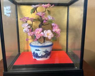 Vintage Glass Cherry Blossom Bonsai Tree in Display Case with Celadon Pot