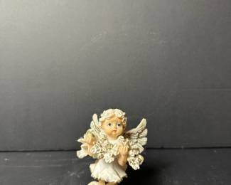 Vintage Resin Angel Figurine with Flowers and Gold Accents