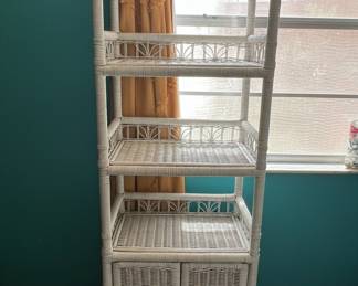 White Wicker Etagere Shelf with Cabinet