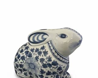 Blue and White Porcelain Bunny Figurine Bank