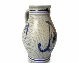Vintage German Salt Glazed Stoneware Pitcher with Blue Decoration