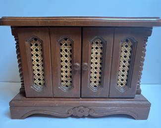 Vintage Carved Wooden Jewelry Box with Cane Insets and Mirror