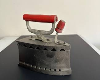 Antique Coal Iron with Red Wooden Handle
