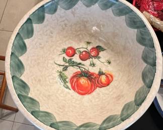 Italian Ceramic Serving Bowl with Tomatoes and Scalloped Green Rim