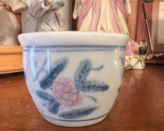 Vintage Chinese Blue and White Porcelain Planter with Pink Floral Motif