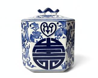 Blue and White Porcelain Hexagonal Double Happiness Jar