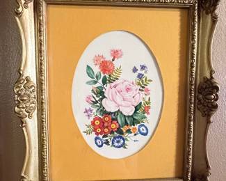 Ornate Gold Gilt Rococo Style Frame with Floral Oval Painting