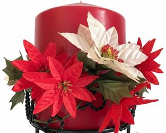 Poinsettia Candle Holder with Artificial Flowers and Black Metal Stand