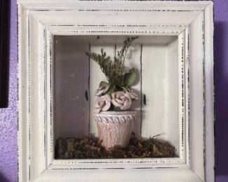 Distressed White Shadow Box with Faux Roses and Dried Botanicals