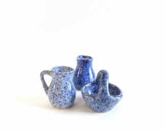 Blue Spatterware Miniature Pitcher, Bud Vase, and Basket Set
