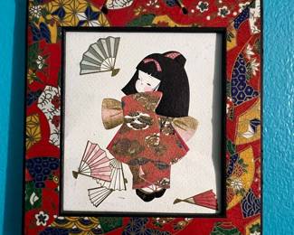 Japanese Oshie Art of a Girl in Kimono with Fans