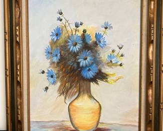 Framed Oil Painting of Blue Daisies in a Yellow Vase