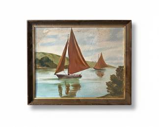 Vintage Seascape Painting with Sailboats