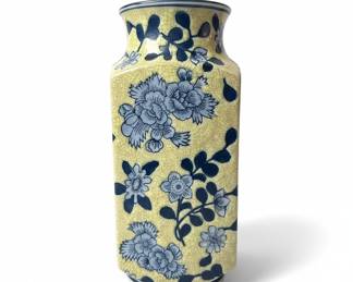 Yellow Crackle Glaze Vase with Blue Floral Design - Seymour Mann
