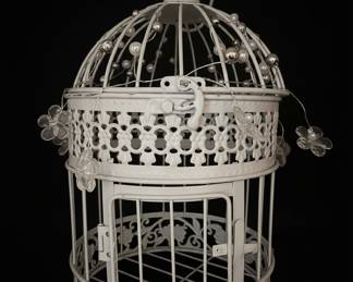Decorative White Metal Birdcage with Floral Accents and Beaded Garland