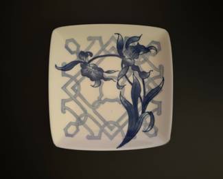 Japanese Blue and White Porcelain Square Plate with Iris Design