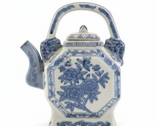 Vintage Chinese Porcelain Blue and White Octagonal Teapot with Floral Motif