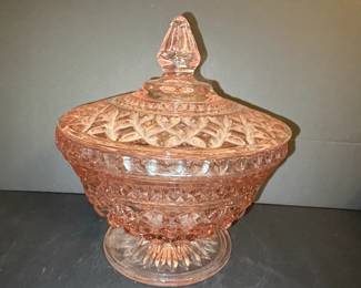 Pink Depression Glass Covered Candy Dish  Anchor Hocking Wexford