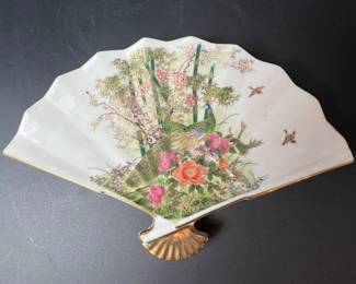 Yamaji Ware FanShaped Trinket Dish with Peacocks and Birds